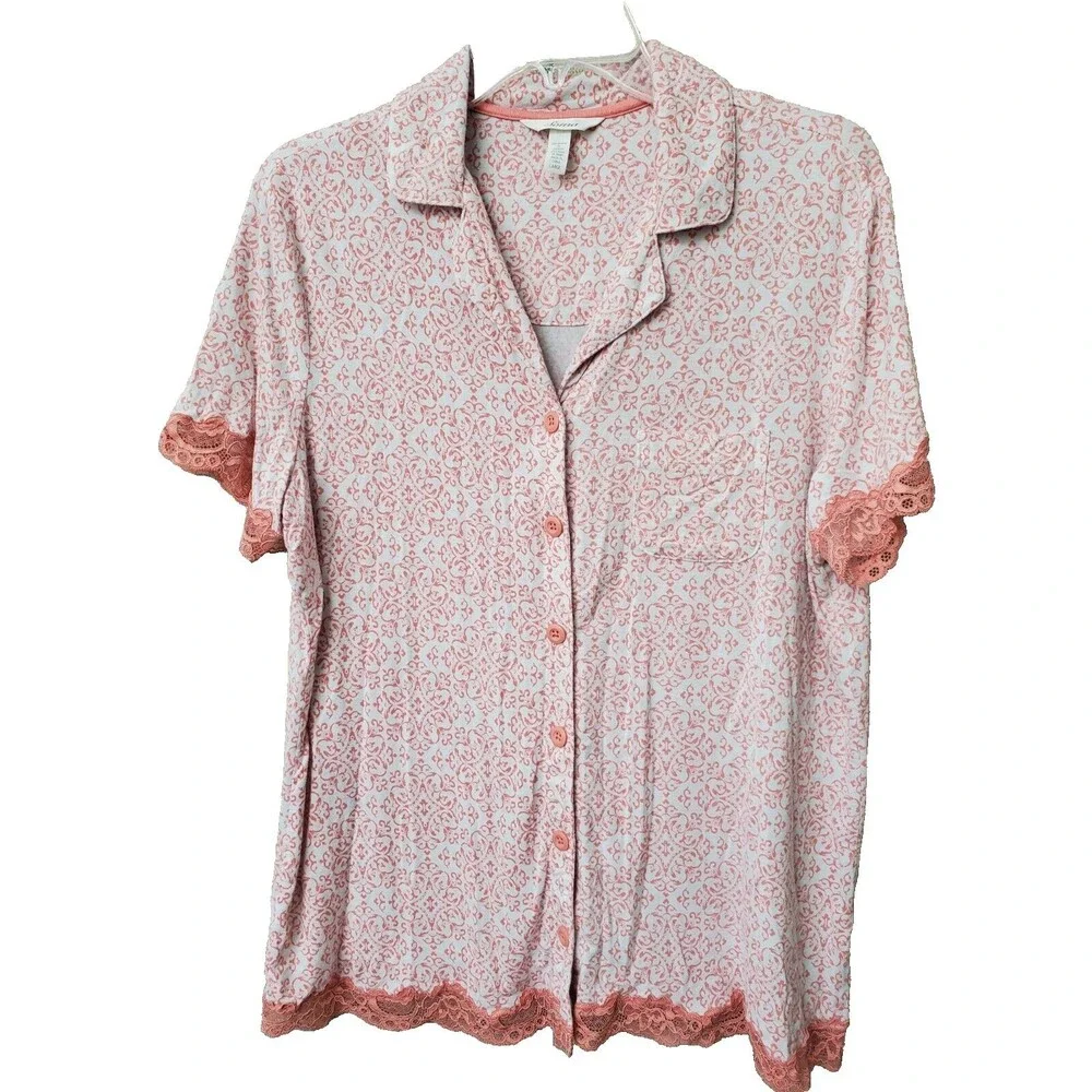 Soma Orange Short Sleeve Button-Up Pajama Top with Lace Trim Size Large